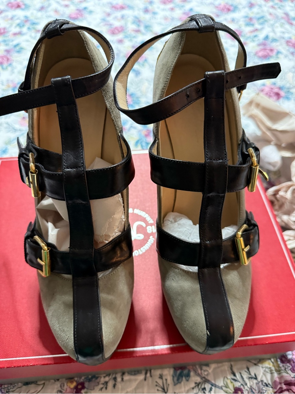 Philip Stein Two-Tone T-Strap Heels in Black and Taupe